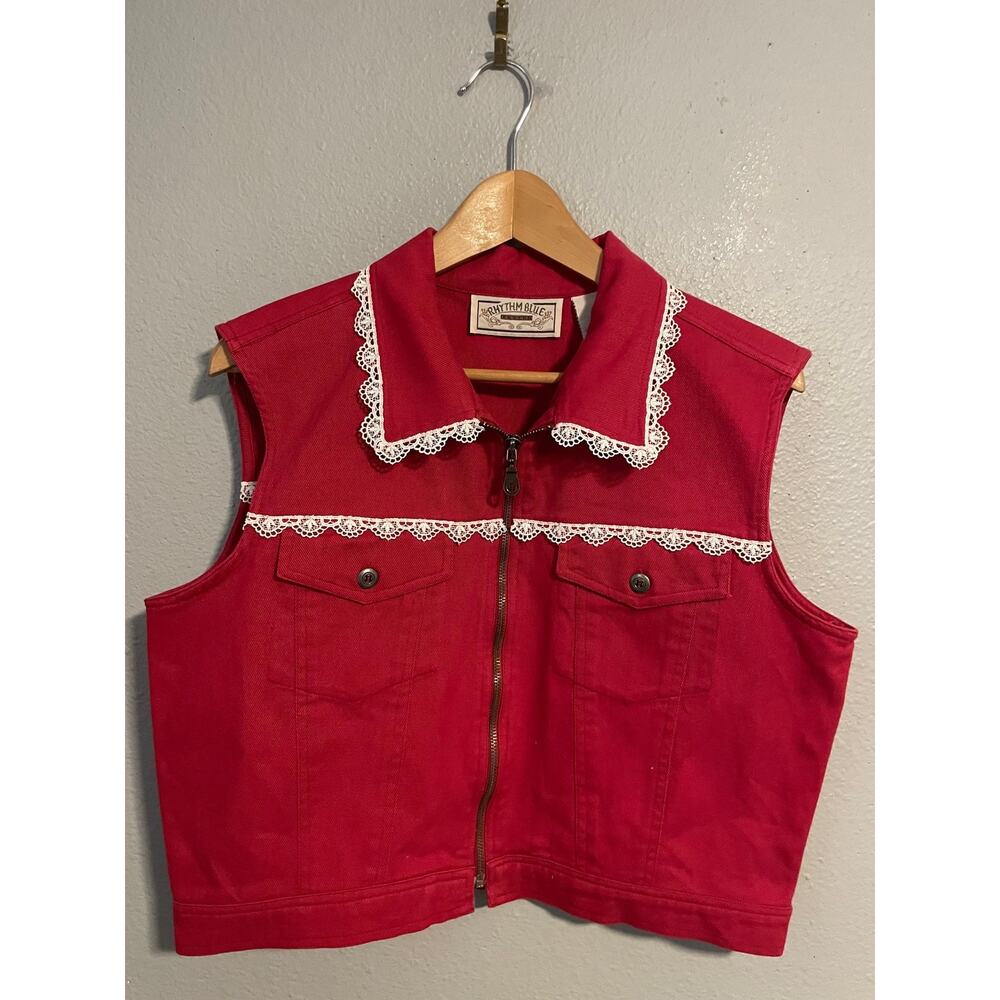 VTG Rhythm Blue Vest Womens Medium Red Denim Lace Trim Western Boho Artsy 90s